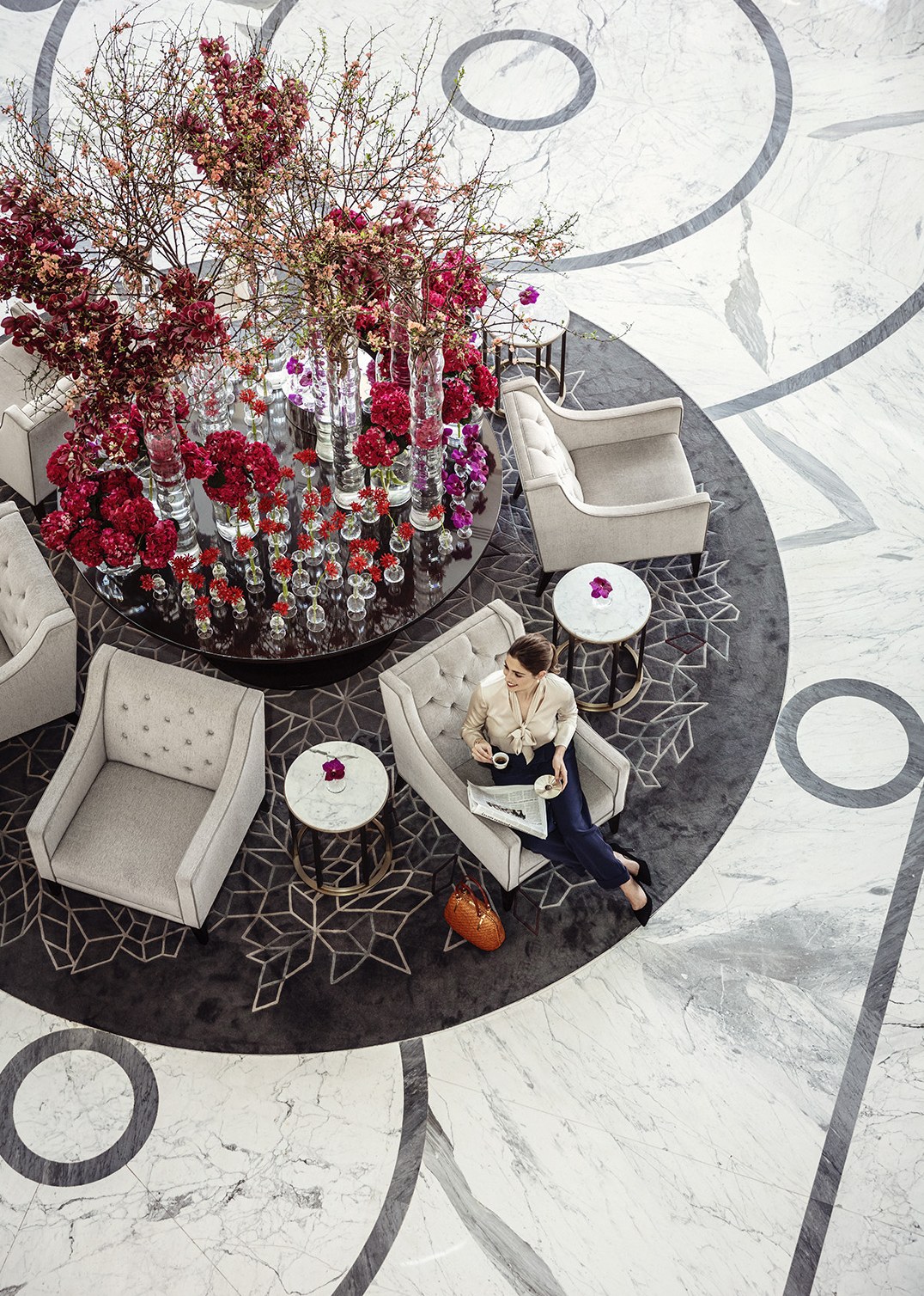 An overhead view of an Address lobby setting
