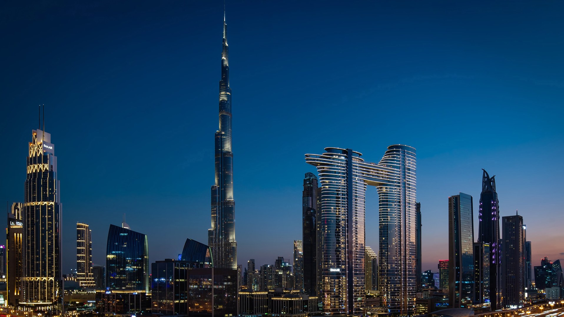 The Burj Khalifa above Downtown Dubai at dusk