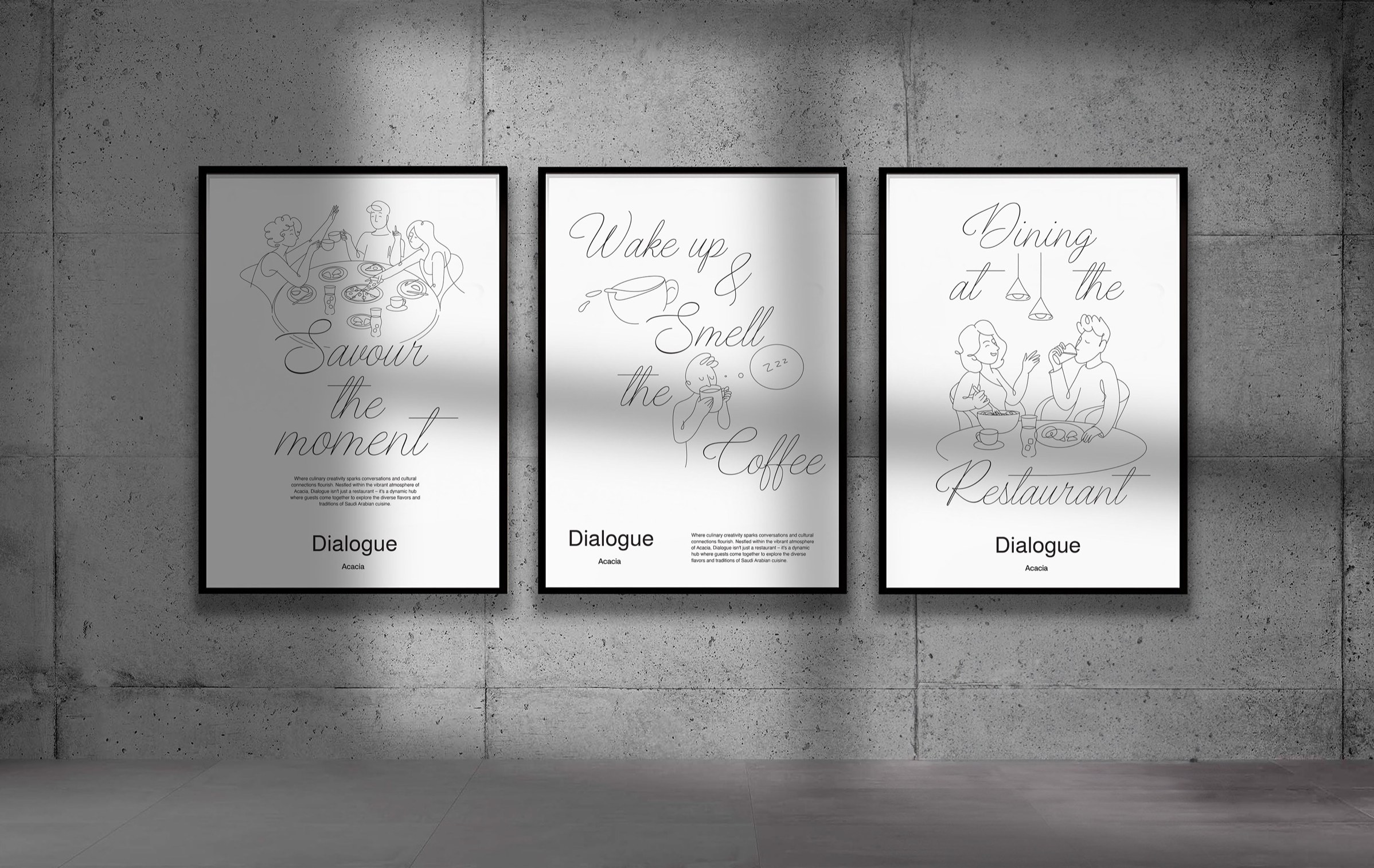 A row of framed Dialogue posters